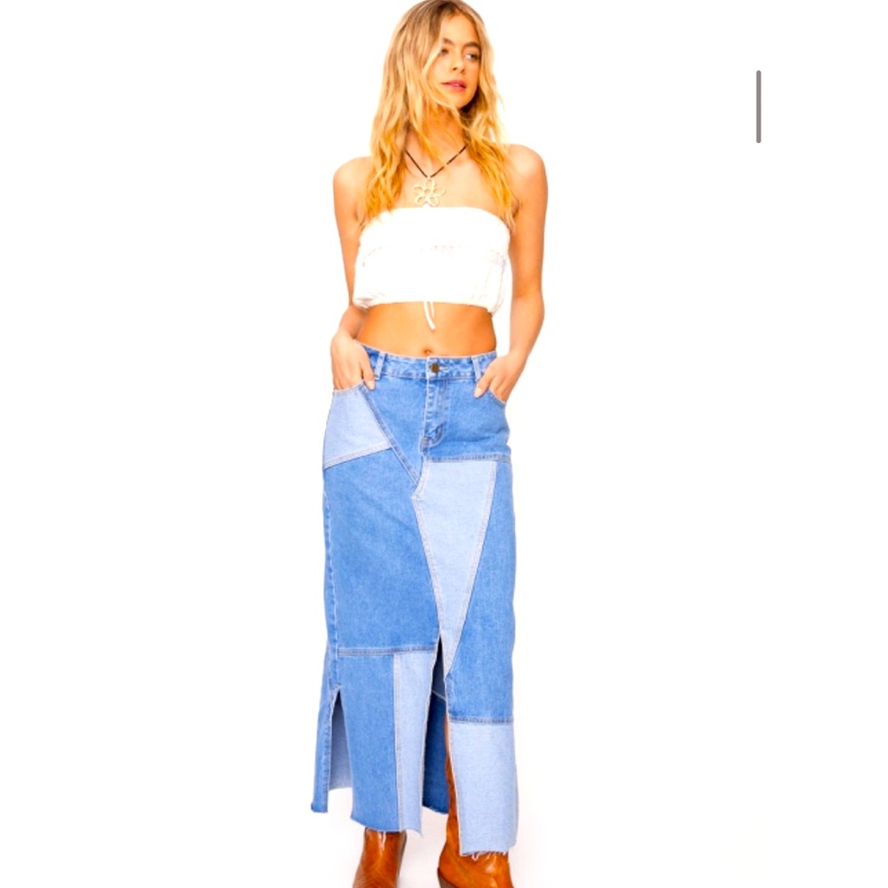 NASTY GAL Denim Patchwork Split Front Maxi Skirt size 8! Brand new